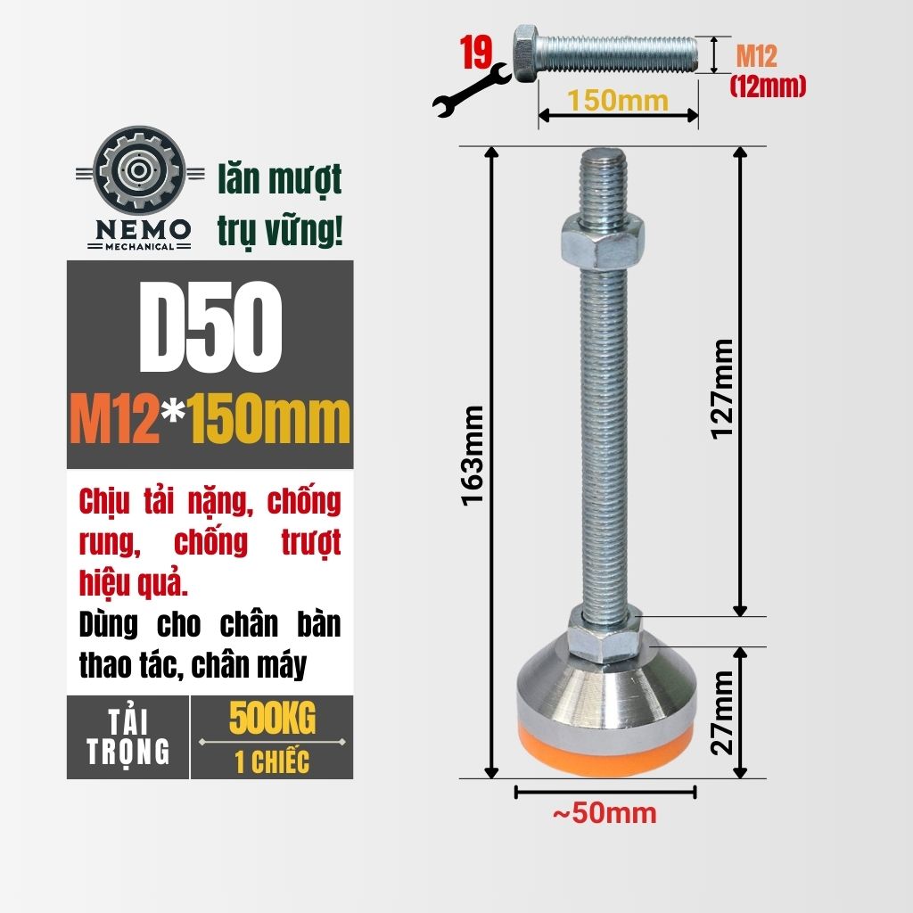 Chân Tăng Chỉnh Chịu Tải Nặng – Bát Thép Mạ Crom, Chịu Lực 1.5 Tấn (M10, M12)